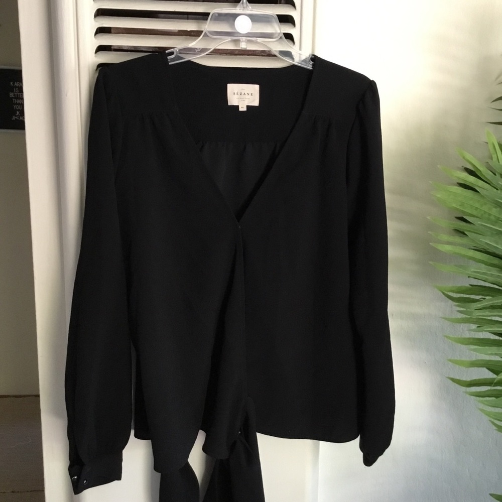 Sezane Black V-Neck Tie-Front Long Sleeve Blouse